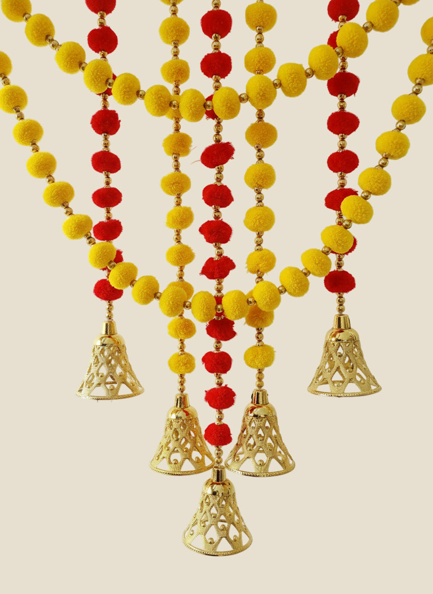 2 Yellow + 1 Orange Pom Pom Hanging Bell Garlands - Pack of 3 ✨