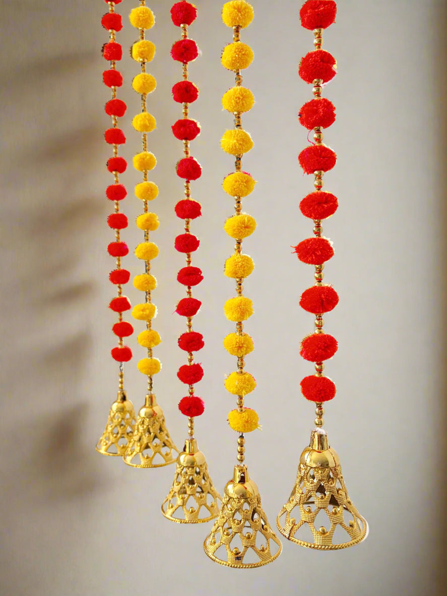Red / Yellow / Orange Pom Pom Hanging Bell Garlands - Pack of 5 ✨