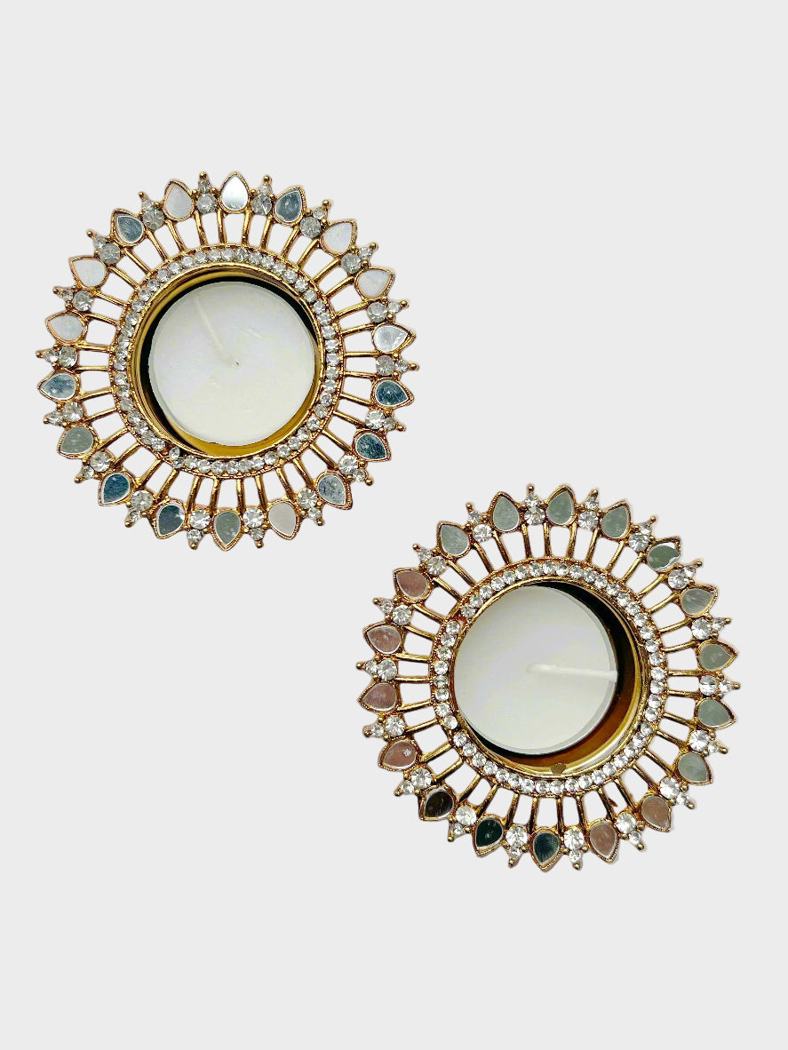 Perfectly Imperfect - Mirrored Round Diwali Gold Twin Diya Tealight Holders ✨