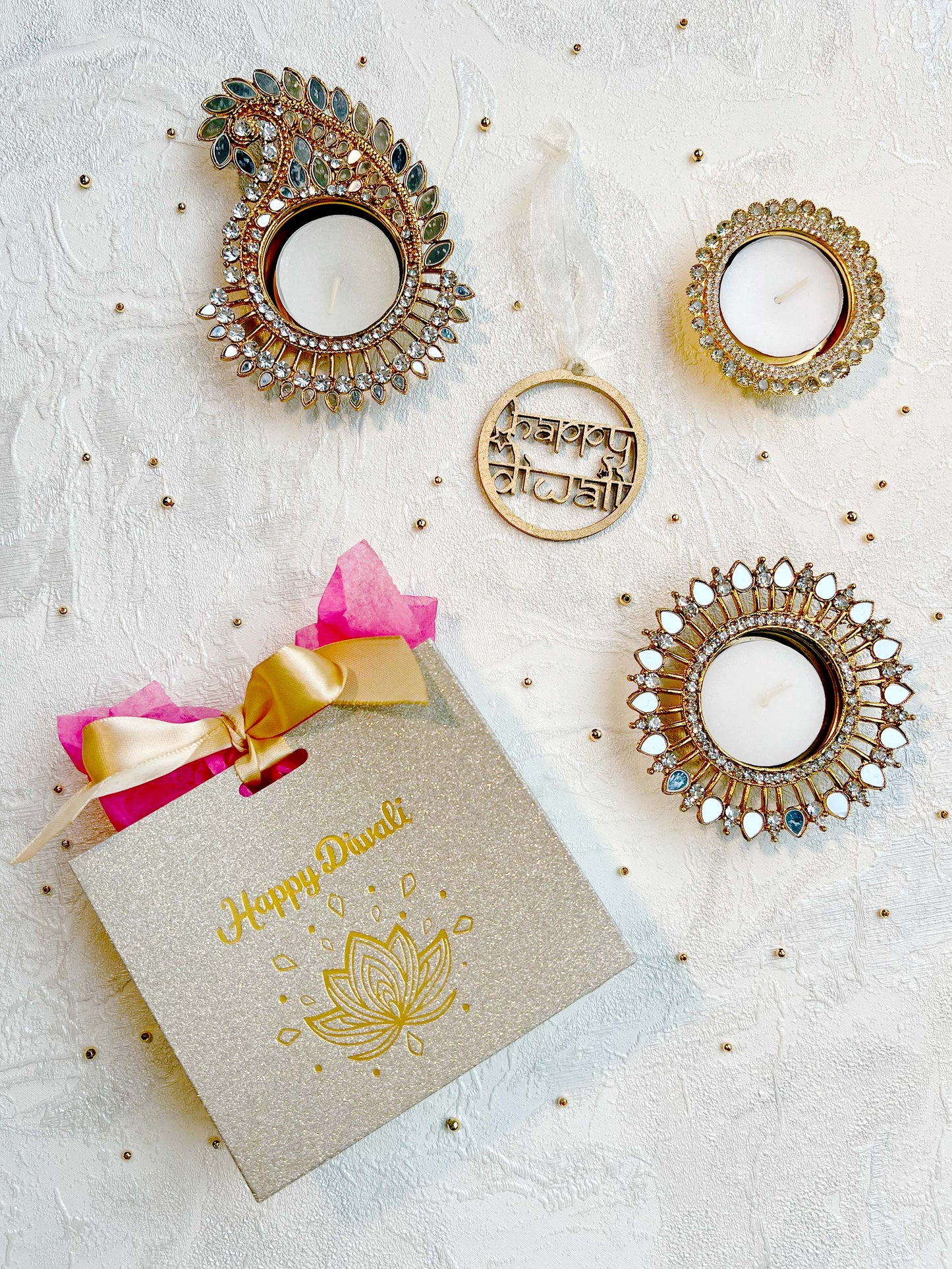 Gold Glitter Happy Diwali Gift Bag with Tealight Diya Gift Set 🎁✨