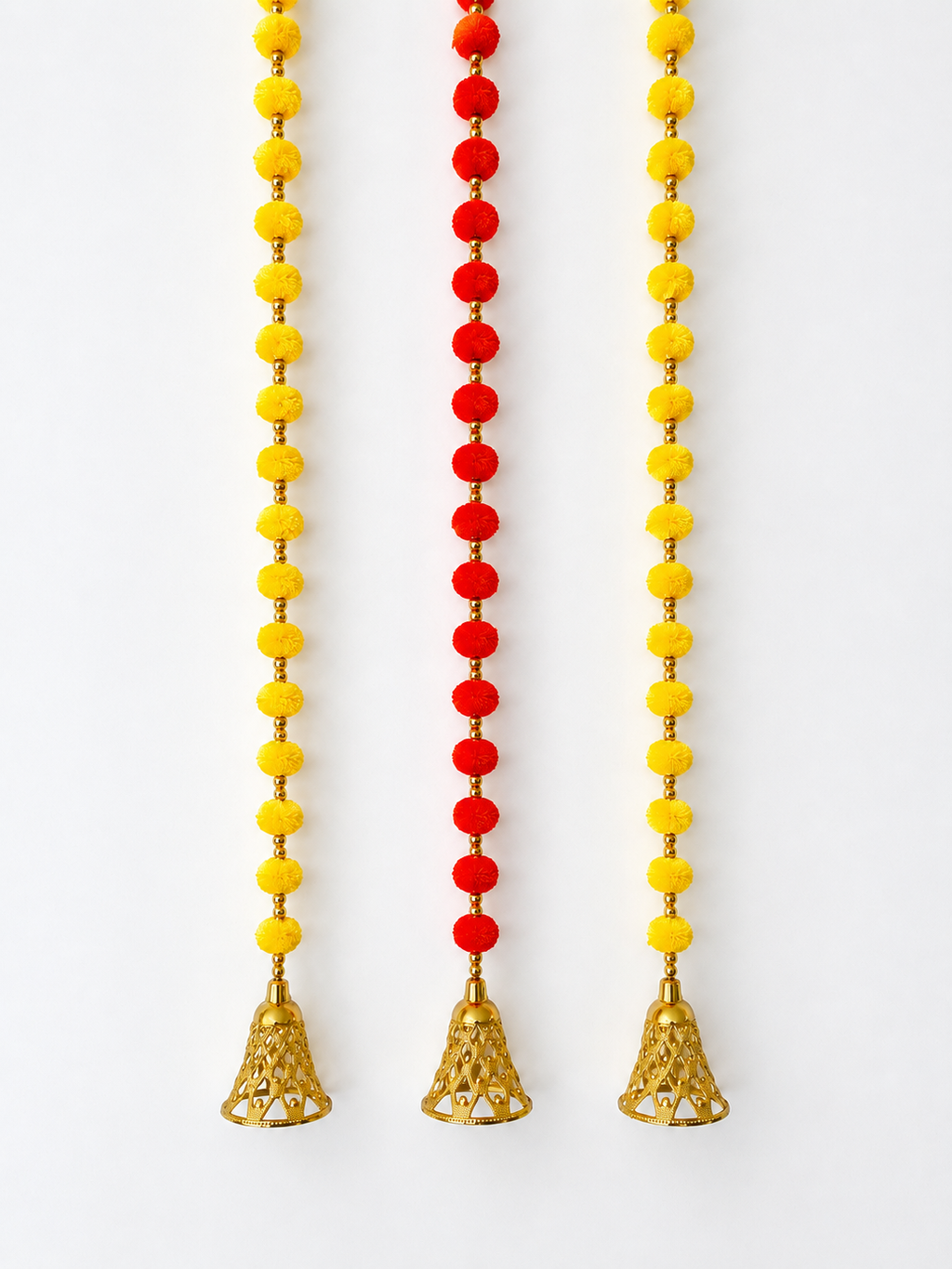 2 Yellow + 1 Red Pom Pom Hanging Bell Garlands - Pack of 3 ✨