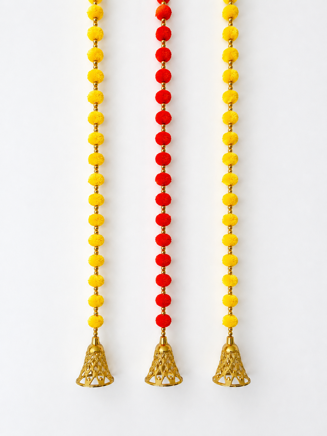 2 Yellow + 1 Red Pom Pom Hanging Bell Garlands - Pack of 3 ✨