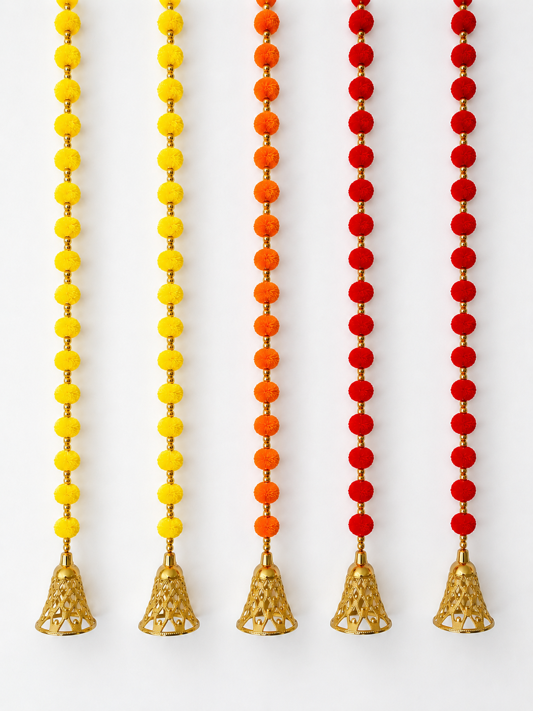 2 Red / 1 Orange / 2 Yellow Pom Pom Hanging Bell Garlands - Pack of 5 ✨