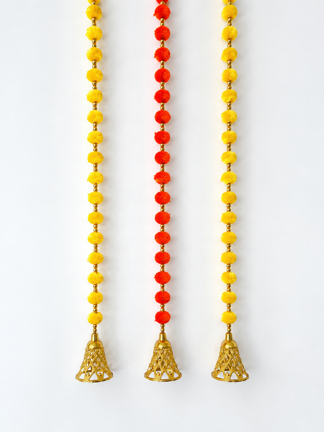 2 Yellow + 1 Orange Pom Pom Hanging Bell Garlands - Pack of 3 ✨
