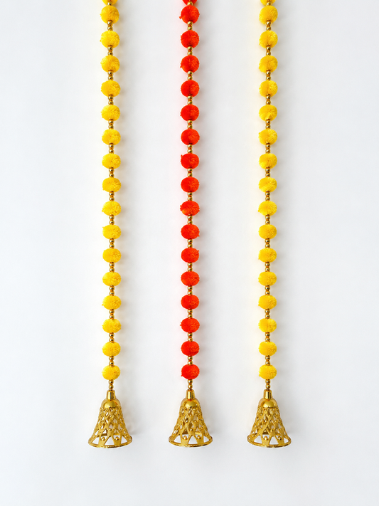 2 Yellow + 1 Orange Pom Pom Hanging Bell Garlands - Pack of 3 ✨