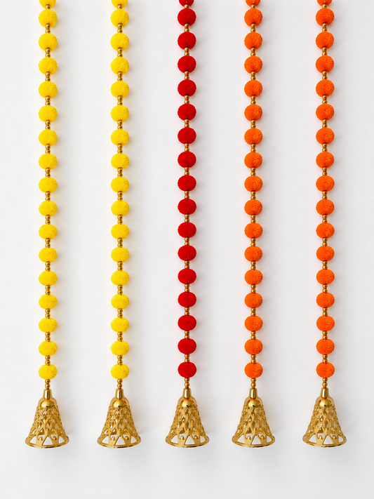 Red / Yellow / Orange Pom Pom Hanging Bell Garlands - Pack of 5 ✨