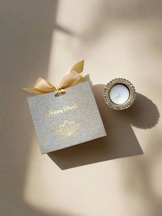 Gold Glitter Happy Diwali Gift Bag with Tealight Diya Gift Set 🎁✨