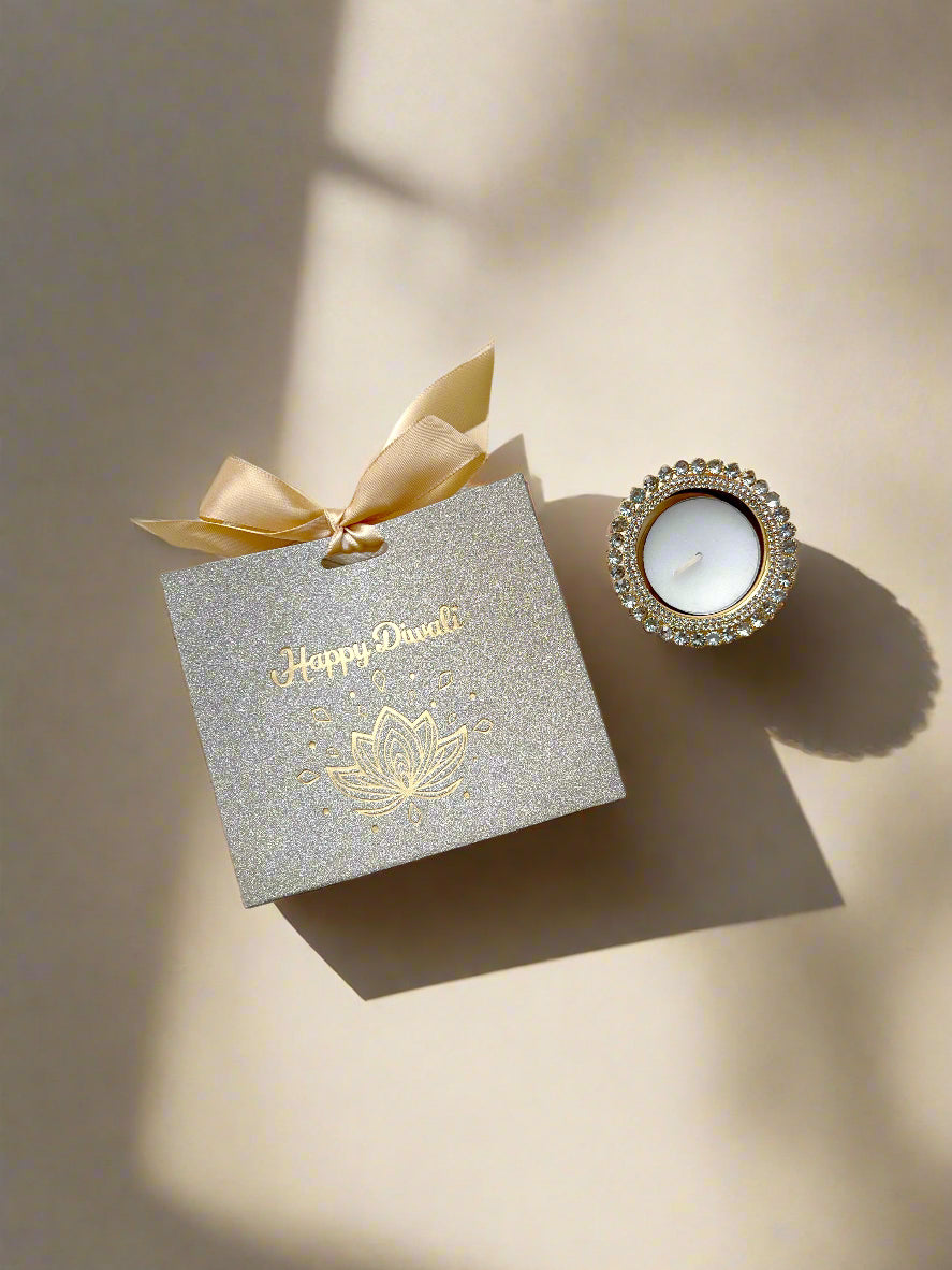 Gold Glitter Happy Diwali Gift Bag with Tealight Diya Gift Set 🎁✨