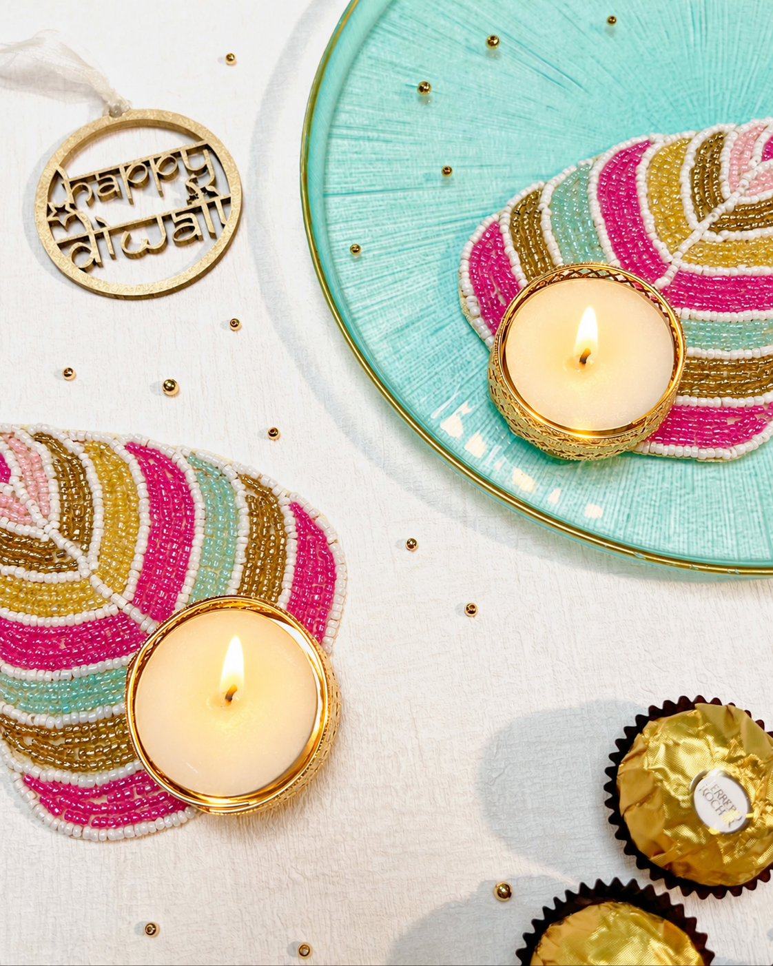 Paan Shaped Beaded Colourful Tealight Twin Set