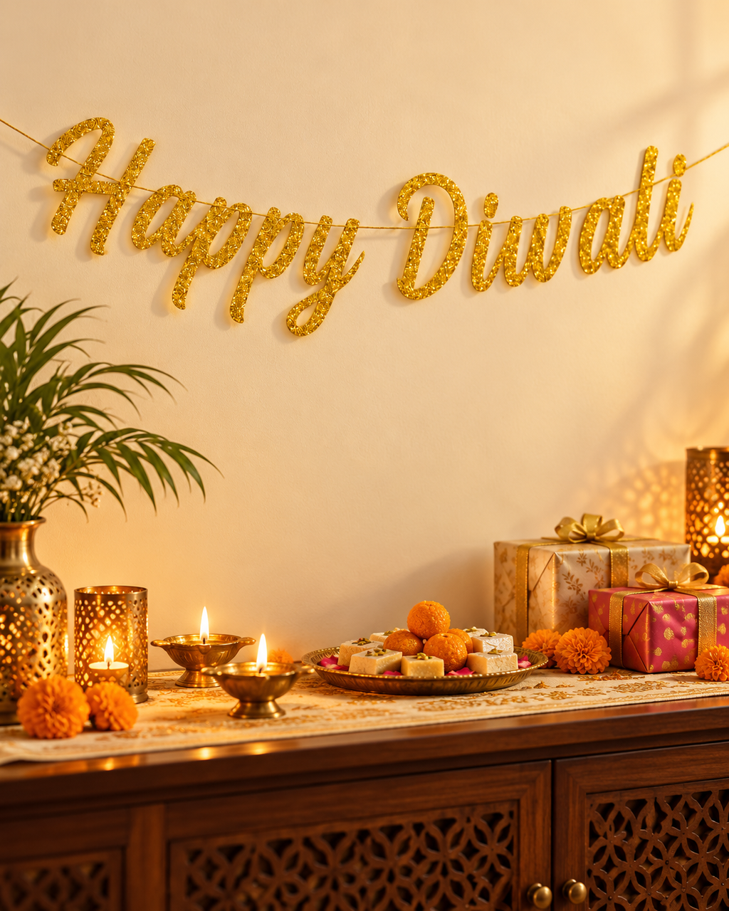Happy Diwali Gold Glitter Hanging Bunting Banner