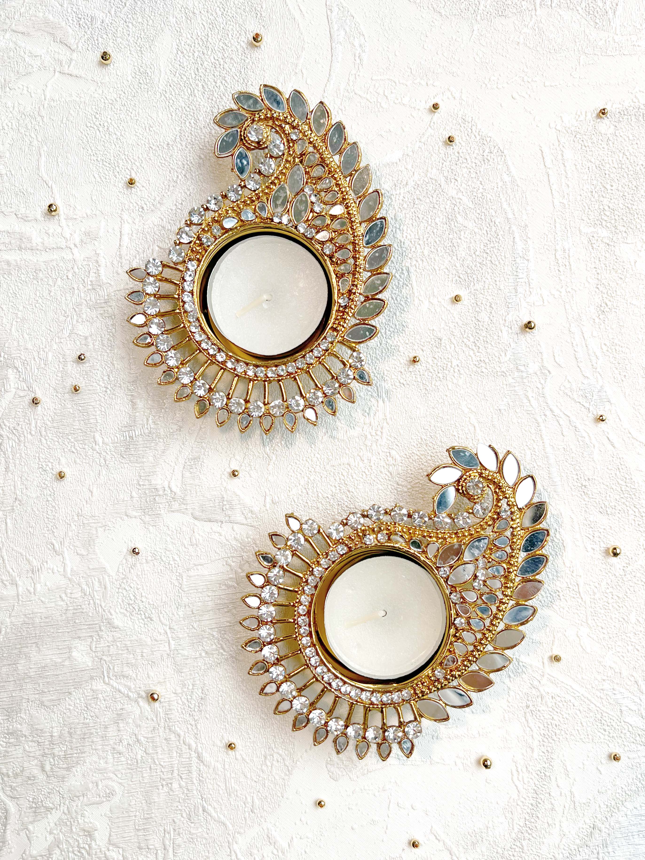 Mirrored Paisley Gold Diya Tealight Holders - Twin Pack 🪞✨
