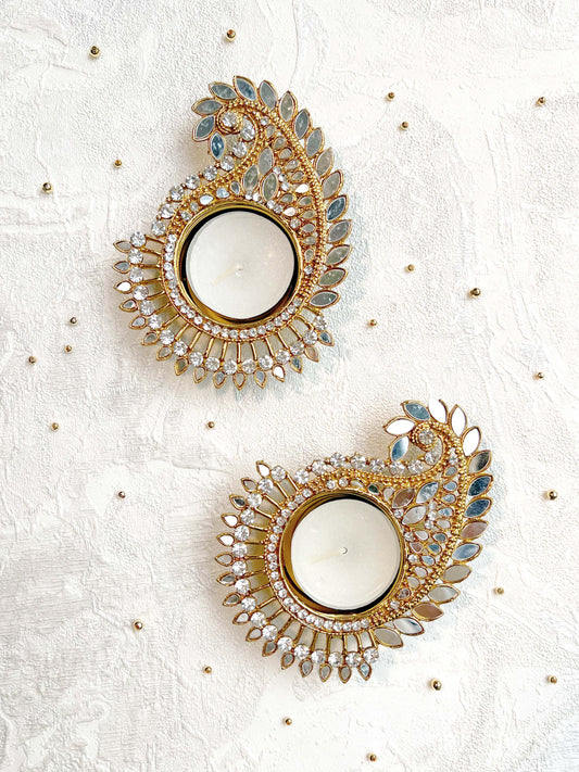 Mirrored Paisley Gold Diya Tealight Holders - Twin Pack 🪞✨