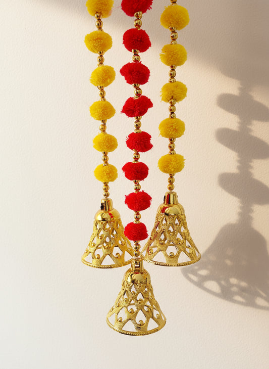 2 Yellow + 1 Orange Pom Pom Hanging Bell Garlands - Pack of 3 ✨