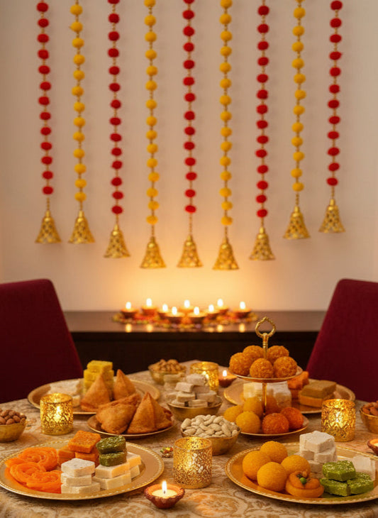 Red / Yellow / Orange Pom Pom Hanging Bell Garlands - Pack of 5 ✨