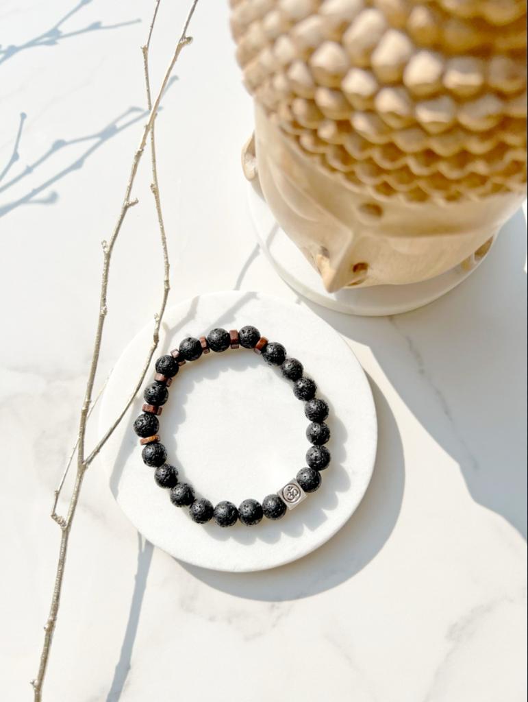 Natural Lava Rock Alloy Bead Om Aum Bracelet