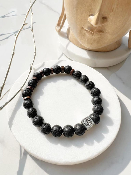 Natural Lava Rock Alloy Bead Om Aum Bracelet