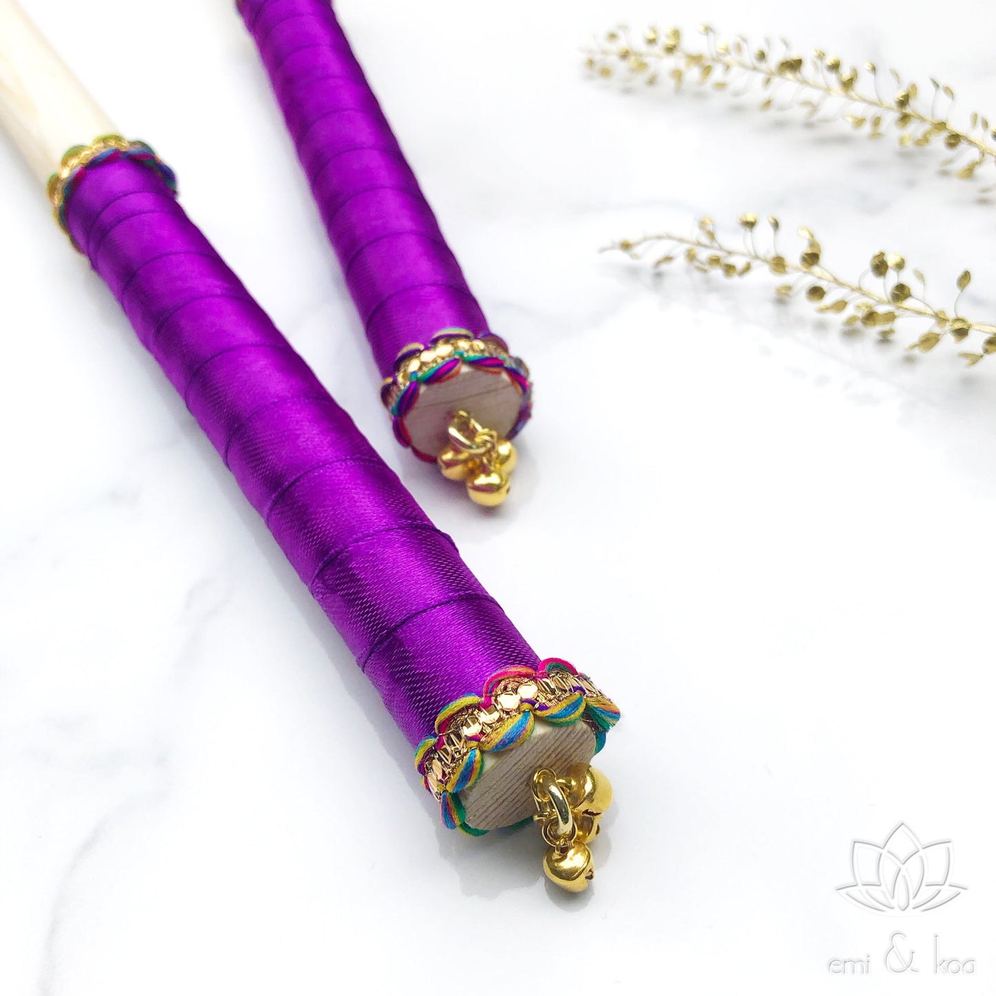 Children's Personalised Handmade Wooden Colourful Dandiya Sticks with Gold Bells